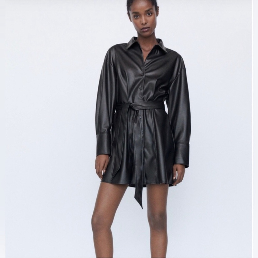 Black Faux Leather Belted Jacket